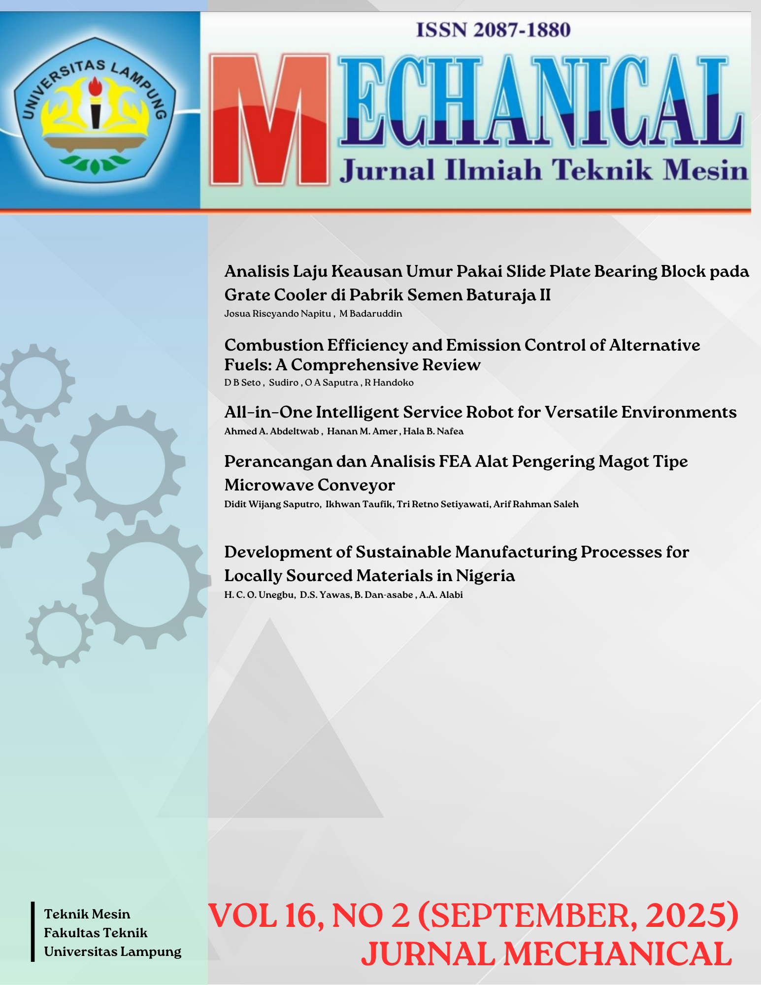 					View Vol. 16 No. 2 (2025): JURNAL MECHANICAL
				
